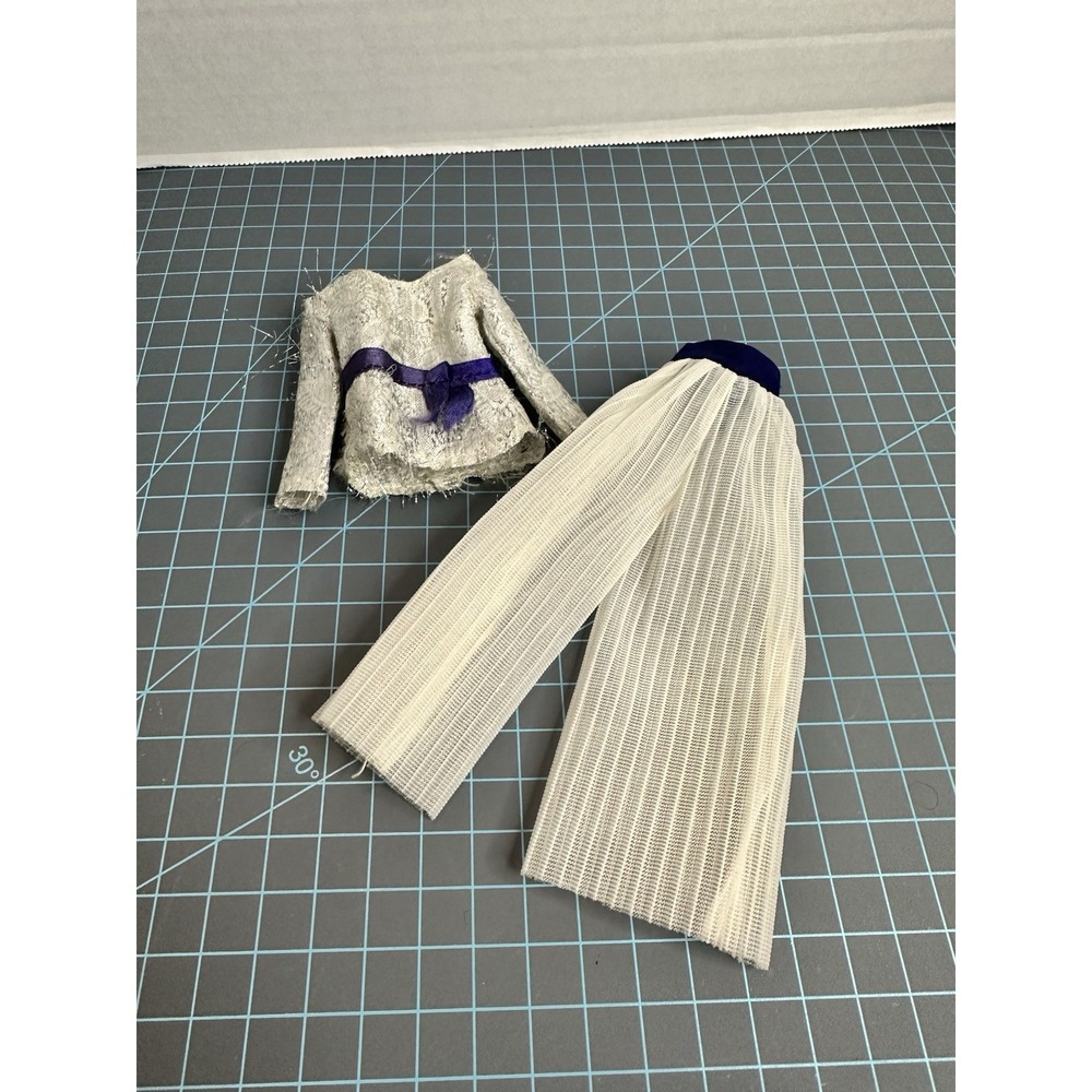 Vintage Barbie Clothes Clone Doll Outfit Silver Metallic TOP Sheer Bell Bottoms